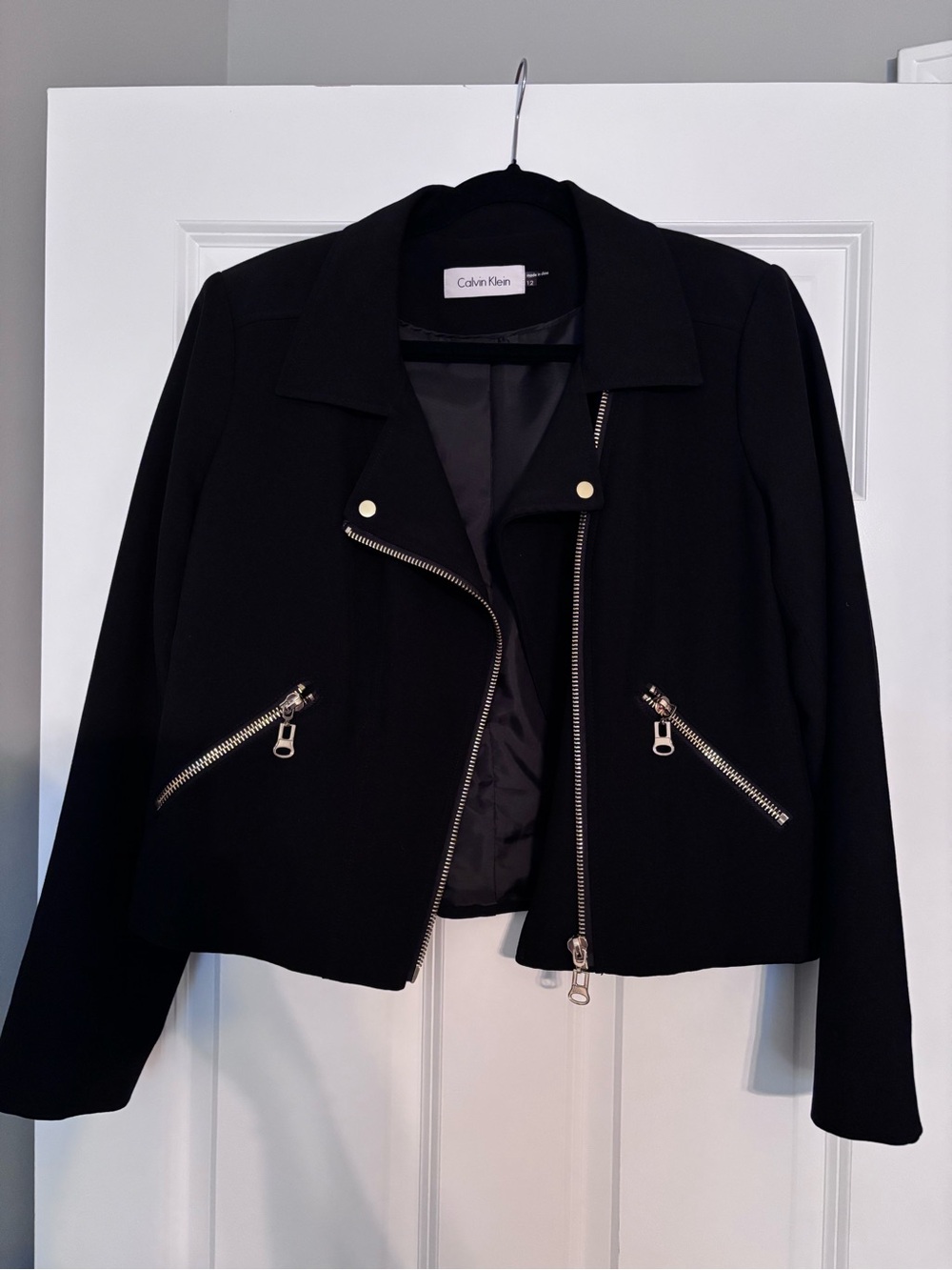 Calvin Klein Black Cropped Moto-Style Jacket with Gold Zippers